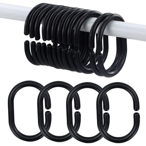 Set med 24 C-formade duschdraperiringar, hängande plastringar, duschdraperiringar, badrumskrokar, duschdraperistång (svart)
