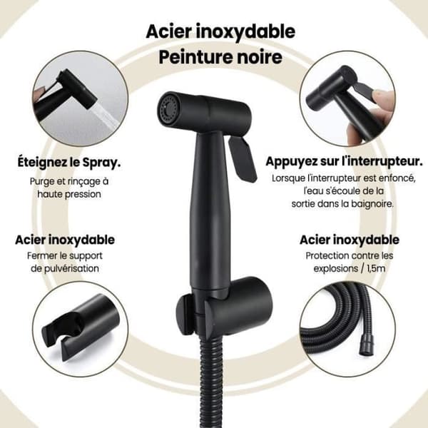 Håndholdt Bidet Sprøjte - Sort Rustfrit Stål - Intimhygiejne - Vandbesparende