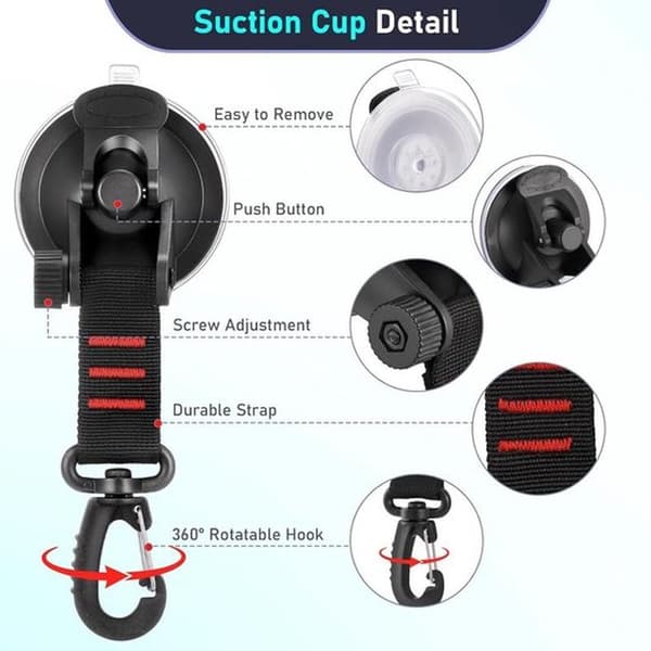 Suction Cup with Hook - 4-Piece Multifunctional Camping Suction Cup Hook Set - 360° Rotating D-Ring - Powerful Vacuum Suction Cup - S-Hook