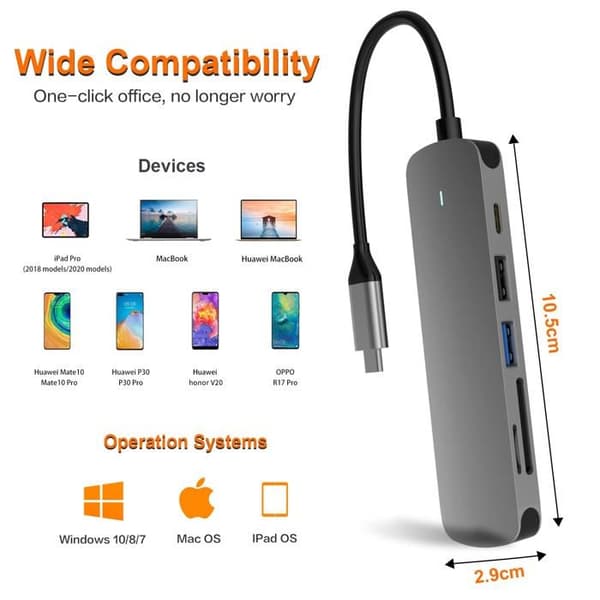 USB-C hub, 6-i-1 USB-C adapter med USB 3.0-forbindelse, kompatibel med MacBook Pro/Air laptops
