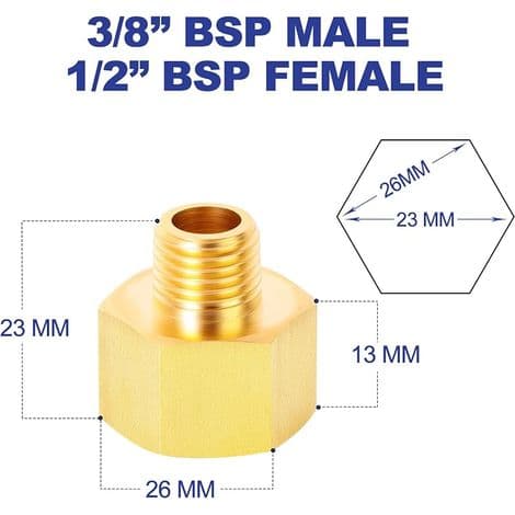 5-delt messingrørreduktionsadapter, 1/2\" BSP hun til 3/8\" BSP han-forbindelse