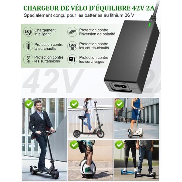 Batterioplader til el-scootere, 42V 2A, til hoverboards, 36V, med 4 stik