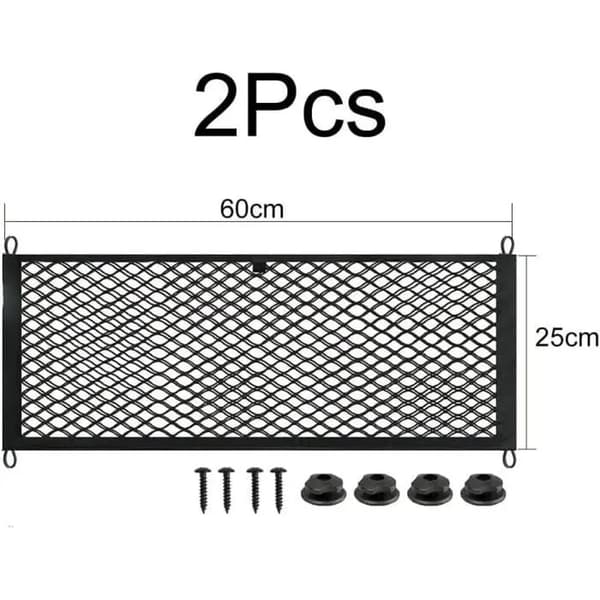 2 overdimensionerede 60x25 cm opbevaringsnet til bil, autocamper, båd, justerbar elastisk netpose med skruer