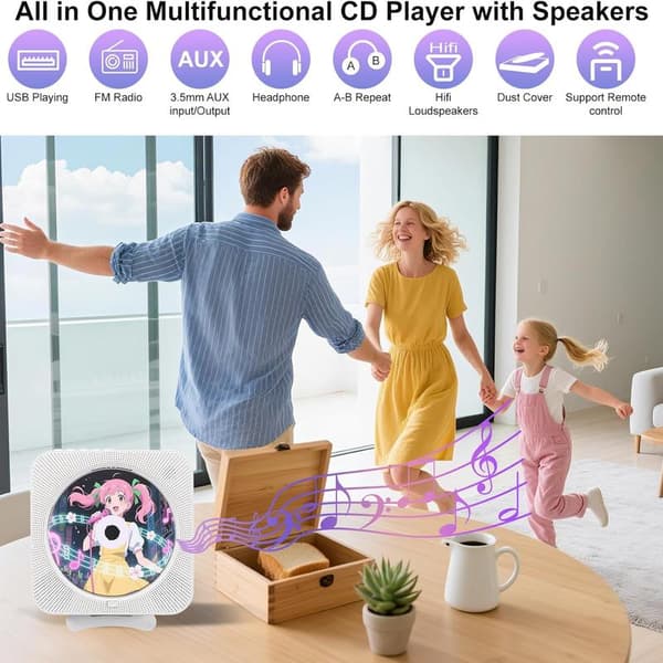 Portable CD Player, Rechargeable, Portable, 2000Mah, Pink, For Home Use, Portable CD Player with Bluetooth 5.3 Transmitter