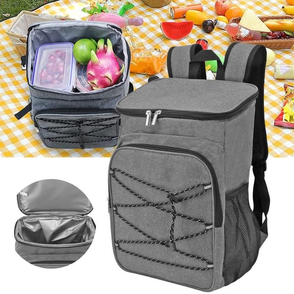 This camping backpack has an insulated interior and includes a cup holder for drinks and lunch boxes.