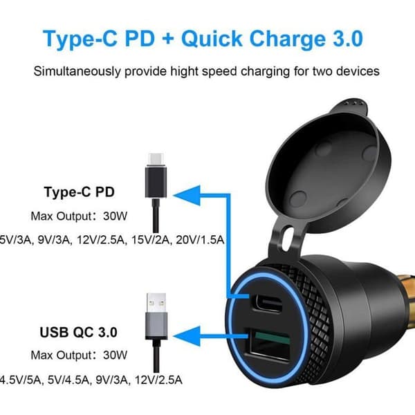 Dobbel USB Billaderadapter - Svart Deksel - Blått Lys - Rask Lading