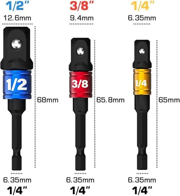 7-delers pipeadaptersett: 1/2\", 3/8\", 1/4\", sekskantbitadaptersett, muttertrekker, reduksjonspipe
