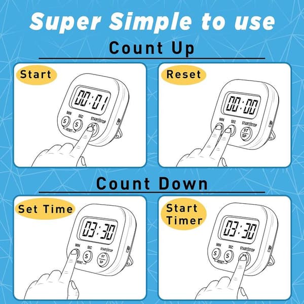 4-pack - Kitchen Timers with Large Digits and Loud Alarms - Suitable for Cooking, Kids Classes