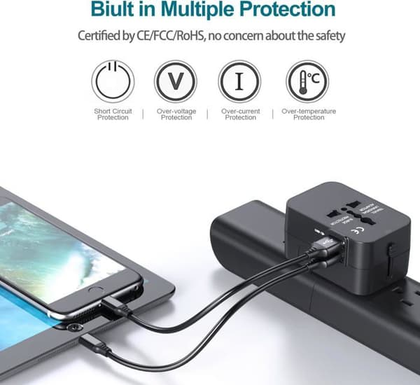 Reiseadapter med 2 USB-porter, alt-i-ett global reiseadapter, universallader, strømadapter