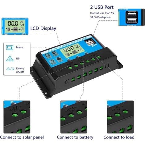 Solpanel opladningscontroller, 12V/24V, 30A, LCD-skærm, dobbelt USB-port