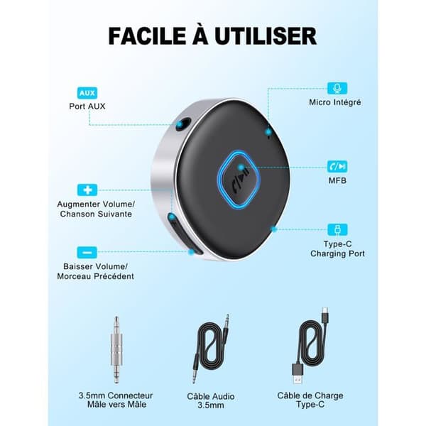 Auton Bluetooth-vastaanotin, Bluetooth-sovitin 5.3 Jack, 3.5mm AUX Bluetooth-vastaanotin handsfree-puheluilla, kaksoisliitäntä