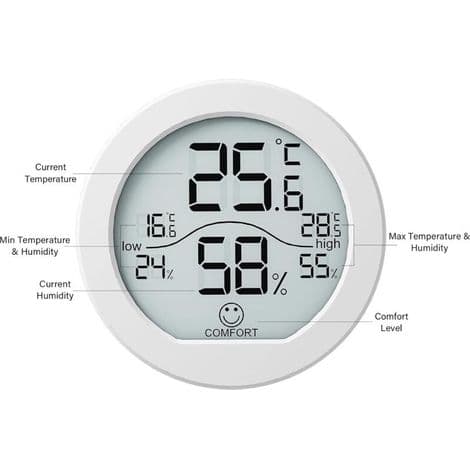 Digitalt termometer hygrometer, præcisionskalibrering, LCD temperatursensor, med maksimum- og minimumregistrering, hvid