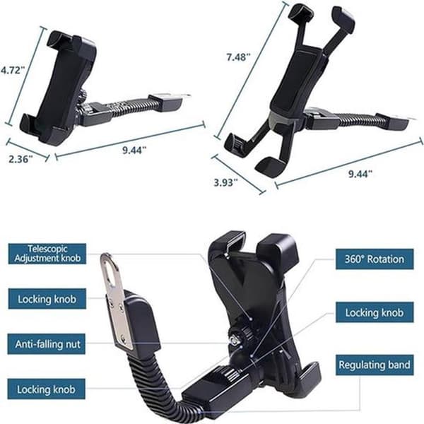 Telefonholder - Styr model - 360° justerbar - Sort