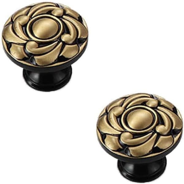 Vintage møbelknopper - blomstermønster - sort og guld metal - sæt med 2