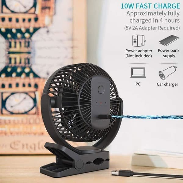 USB Genopladelig Bærbar Ventilator - 5000 mAh - Lydløs - Klips