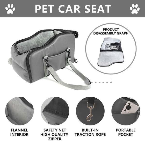 Kæledyrsbilsædebetræk, midterkonsol foran, sikkerhedssæde til hund og kat, bærbart og vaskbart gråt