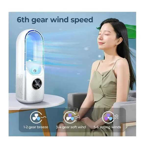 Bladeless ventilator, lydløs bladeless ventilator til soveværelse, 6 hastighedsindstillinger, touch-kontrol, befugtning