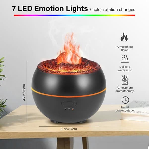 Aromadiffuser med flammeeffekt, luftfugter, 7 farver, æterisk oliediffuser (sort)