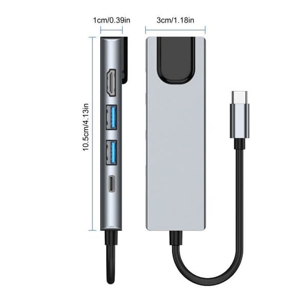 5-i-1 USB C Dockingstation, Type C til HDMI-adapter, Ethernet RJ45, 4K HDMI, 100W PD, 2 USB 3.0