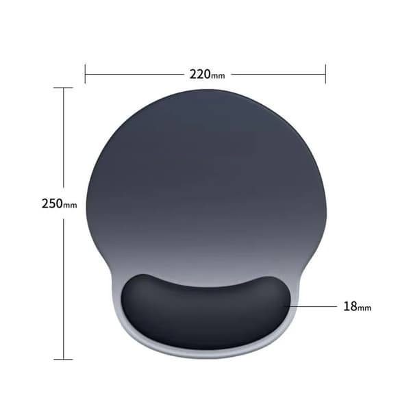 Ergonomisk musemåtte med håndledsstøtte i gel, memoryskum, skridsikkert og behageligt design, sort gradient.