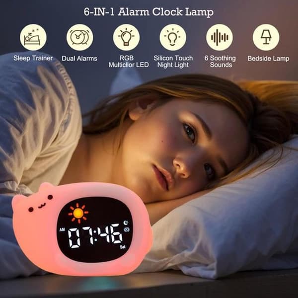 Vækkeur natlampe med 8 farver og 6 hvide lyde, katteformet