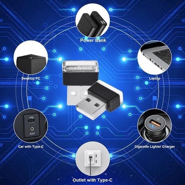 USB Bil Ambient LED-lyssæt - 5-delt hvid interiørbelysning til bærbare computere, USB-porte og køretøjsdekoration