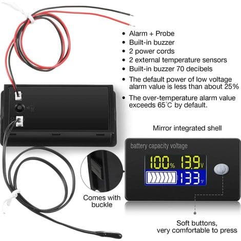 12V Batterikapacitetsindikator LCD-display Voltmeter Temperaturtester til Li-ion LiFePO4 Bly