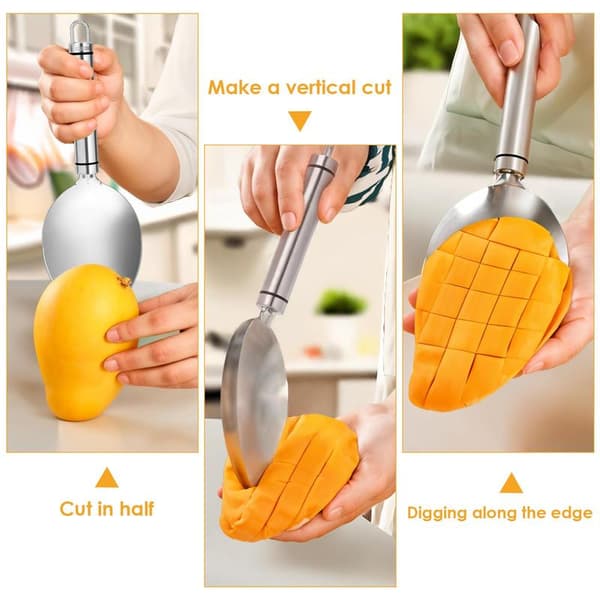 Mango Slicer, Silver Mango Slicer, Steel Micro-Blade for Watermelon, Mango Slicer, Mango Pitter, Non-Slip Handle, Mango Slicer, Fruit Slicer