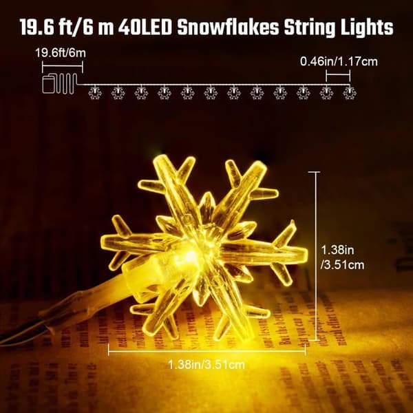 Snøfnugg lyslenke, 6m, 40 batteridrevne LED-lys, 2 moduser, monokrom og lys, til jule- og bryllupsdekorasjoner