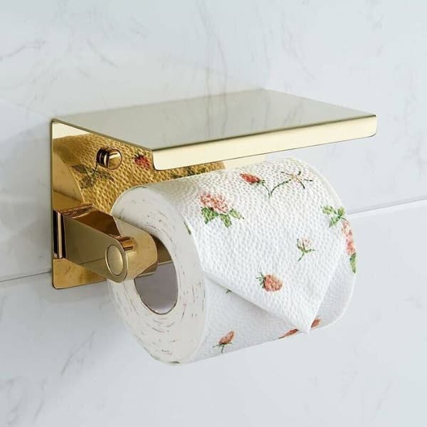 Toiletpapirholder i rustfrit stål - Guld - Med hylde - Vægmonteret