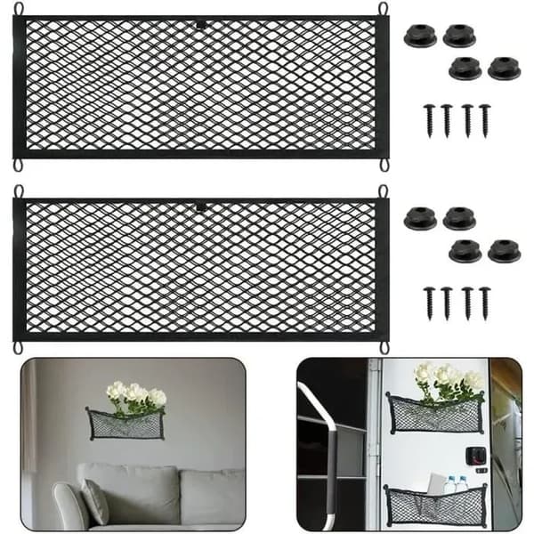2 overdimensionerede 60x25 cm opbevaringsnet til bil, autocamper, båd, justerbar elastisk netpose med skruer