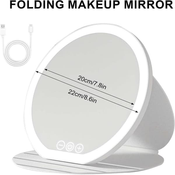 22 cm LED Folding Makeup Mirror, Portable Desktop Mirror with Light, Ultra HD Touch Screen LED Vanity Mirror (White)