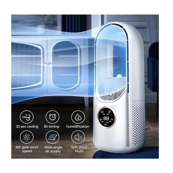Bladeless ventilator, lydløs bladeless ventilator til soveværelse, 6 hastighedsindstillinger, touch-kontrol, befugtning
