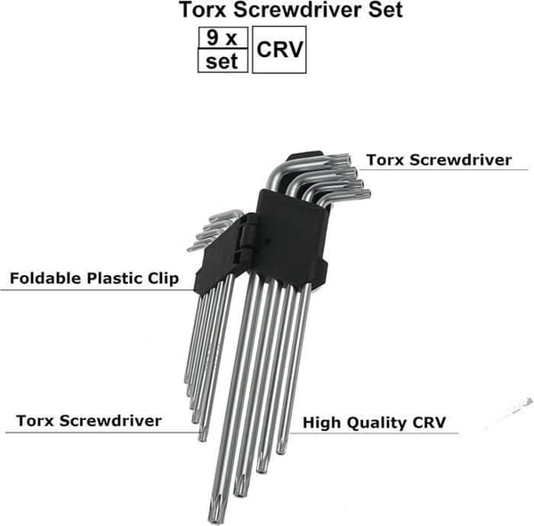 Torx skruetrækkersæt - 9 dele - Lang arm - Vinkelnøgle