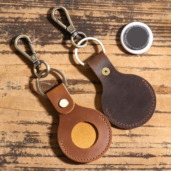 Premium Leather AirTag Case with Keychain Ring - Brown