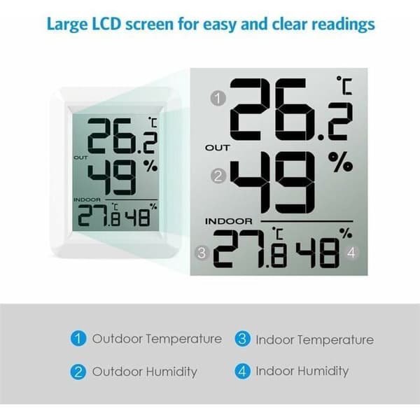 Innendørs og utendørs termometer med trådløs sensor, digitalt hygrometer med stor LCD-skjerm og bryter