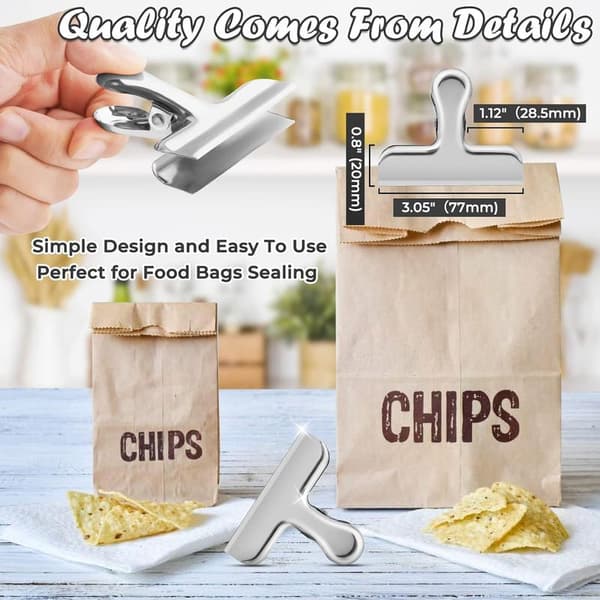 Chipsclips, 6 poseclips, madclips, madposeclips i rustfrit stål, velegnet til kontor, køkken og hjemmebrug