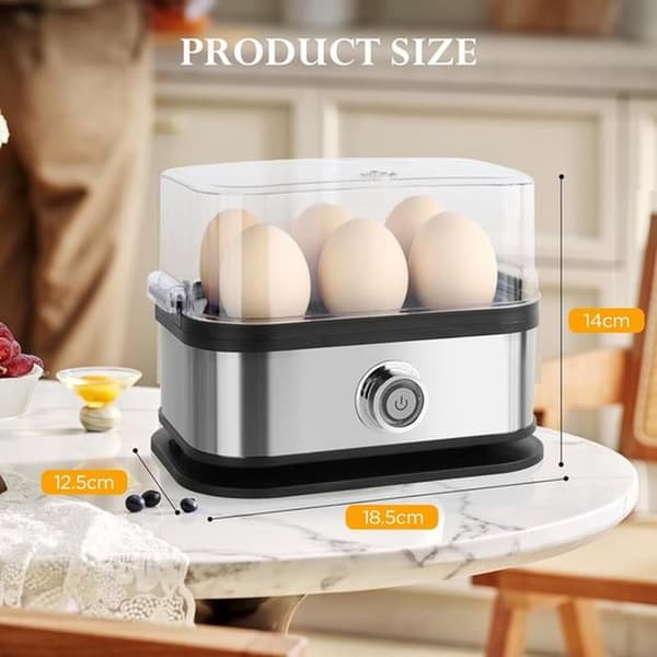 Eggkoker i rustfritt stål med justerbar timer, 6 plasser, for koking av egg, omeletter, smørbrød