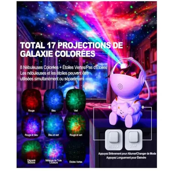 Astronautprojektor Galakse Stjernehimmelprojektor Nattlys for Barn med 8 Moduser, Tåke, 2 Stjerner, Fjernkontroll