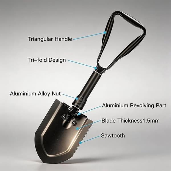 Sammenleggbar spade 58 cm, snøspade, 50# ekstra robust, høykvalitets multifunksjonell karbonstålspade