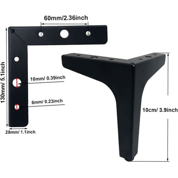 Trekantede møbelben i metal, 10 cm, moderne design, sort