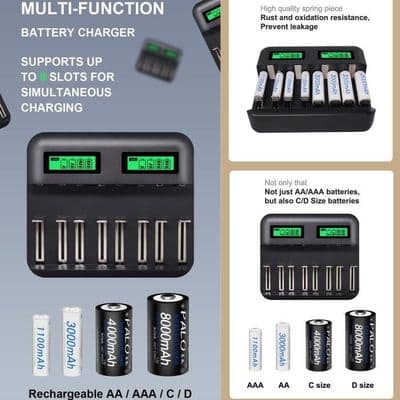 8-slots AA/AAA/C/D Genopladelig Batterioplader, Multifunktionel Smart USB Batterioplader med LCD-display