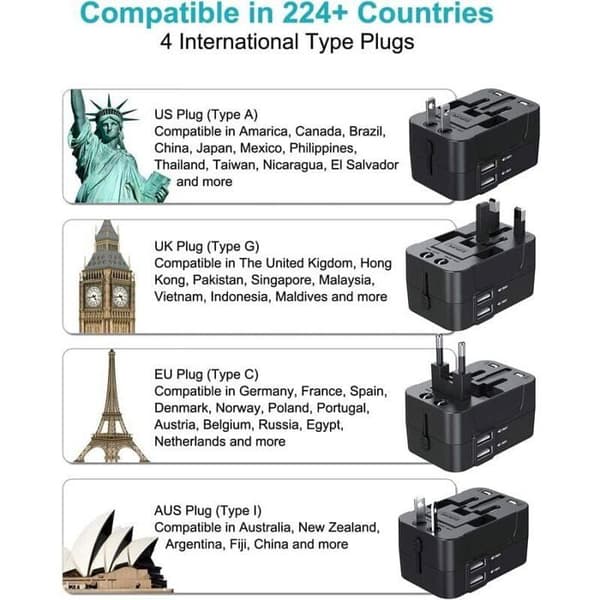 Universal reiseadapter med 2 USB-porter, internasjonal plugg for USA, Storbritannia, EU, AU
