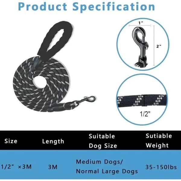Hundebånd - 3m x 1.2cm - Reflekterende - Nylon - For mellomstore og store hunder