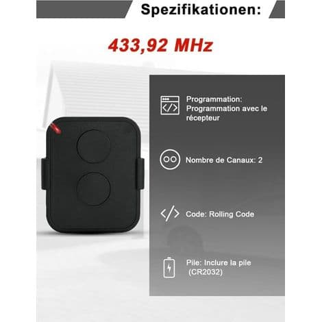 Sett med 2 portfjernkontroller, 433,92 MHz garasjeportfjernkontroll, kompatibel med ON2E, ON4E, ON1E rullende kode, 2 kanaler