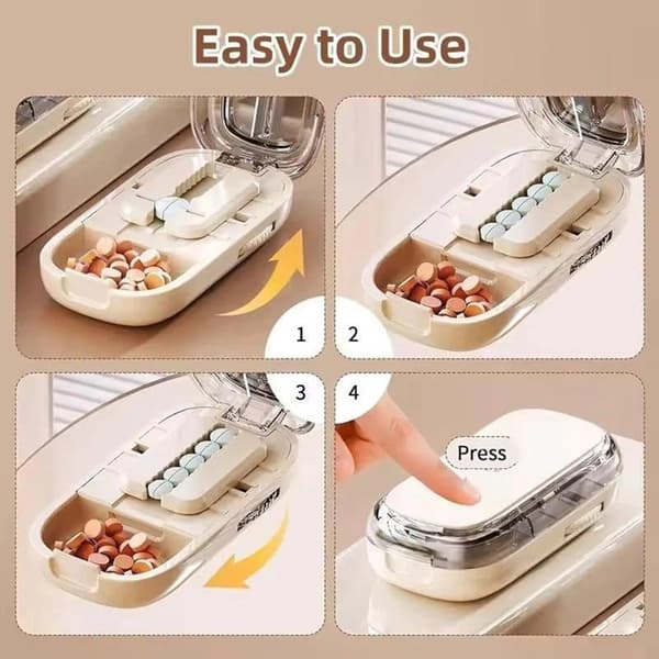 Pill Splitter - Adjustable Pill Tray - Pill Box - Pill Dispenser - Pill Cutter - 1/2 & 1/4 Divisions - Pill Box for Cutting and Storage - White