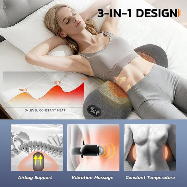 3-in-1 Electric Back Massage Cushion - Rechargeable - Lumbar Support - With Heated Vibration - Back Massager - Light Grey