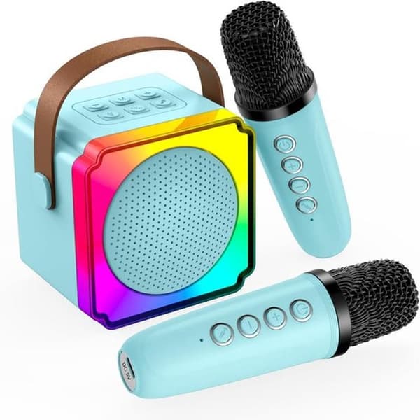 Mini Karaoke Machine for Kids, Bluetooth Speaker, 2 Microphones, Blue