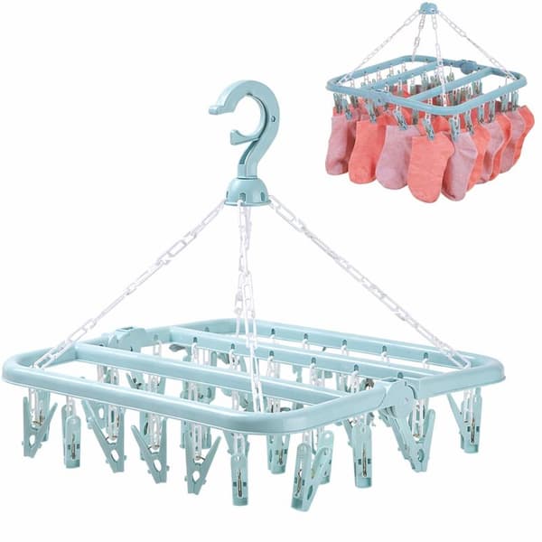 Sock Drying Rack 32 Clips - Drying Carousel for Socks, Bras and Underwear - Compact Clothes Rack - Windproof - Blue