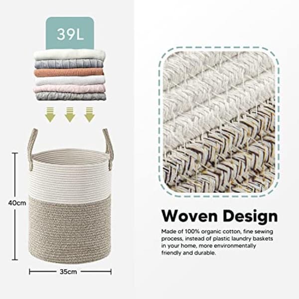 Large Woven Cotton Laundry Basket - Foldable Storage Basket with Handles - 39 Liter Capacity